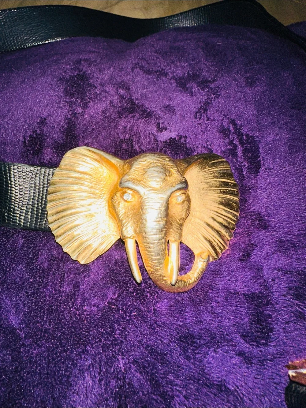 Vintage 90's Doreen Ryan Gold Tone Elephant Belt Buckle Hook & Brown Belt SIGNED